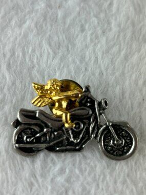 Vintage Guardian Angel Motorcycle Lapel Pin Biker Good Luck Ride Safe Gold Tone